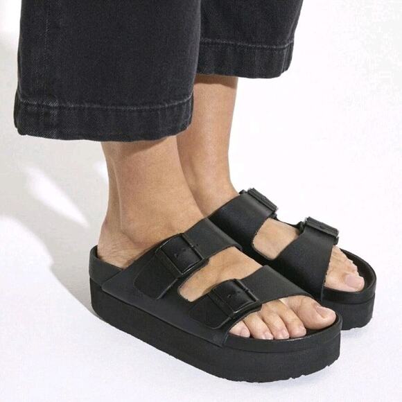PAPILLIO BIRKENSTOCK Platform Leather Sandals ARIZONA EXQ black US7.5 EU38 UK5 - Picture 1 of 7
